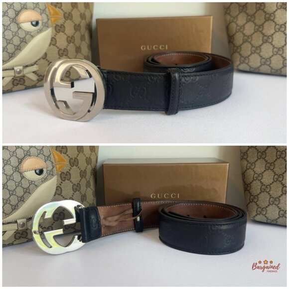 Auth Gucci Black Guccissima Leather Silver Interlocking G Buckle Belt 85/34 - Picture 6 of 13